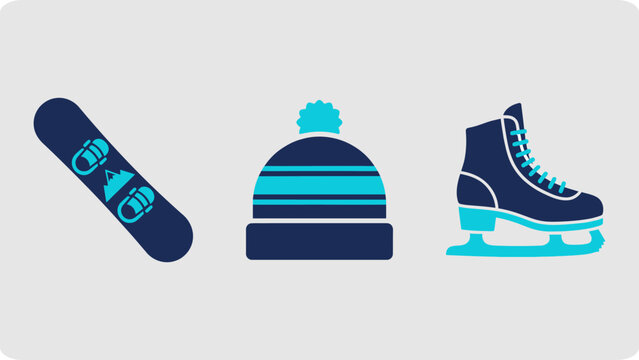 Blue and dark navy icons for cold weather activities including a snowboard, knit hat, and skating boots. Ideal for winter resort and holiday sports promotion.