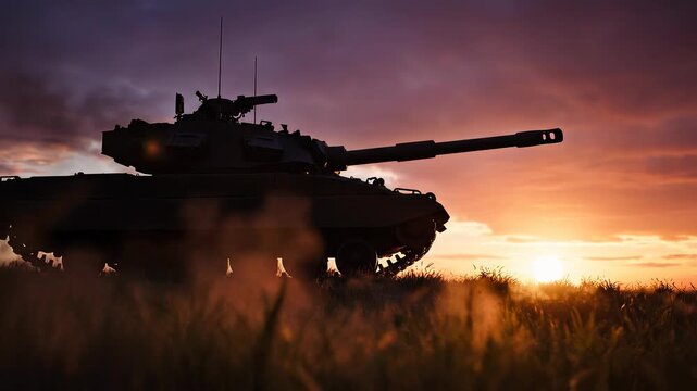 Silhouette of Military Battle Tank on a Hill at Sunset