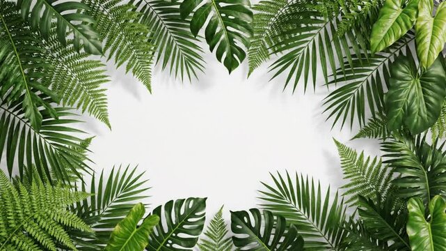 Tropical Foliage Frame with Ferns and Palm Leaves on White Background and a Bird Sound