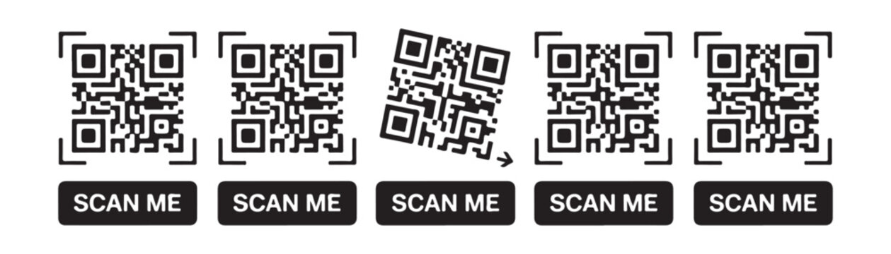 Qr code scanning stickers with black button background for scan me text labels and matrix barcodes.