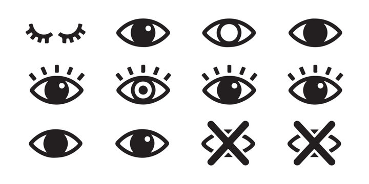 Vector eye icons collection for user interface showing various states of visibility and blind status.