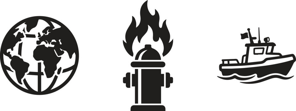 Earth, fire hydrant, boat icons, black vector graphics, emergency symbols, flat design elements