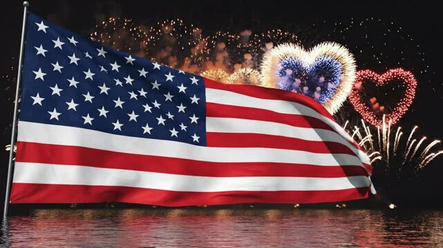 US Flag Waving with Heart Fireworks in Night Sky Over Water