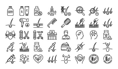 Fototapeta premium Hair care and beauty salon line icons, scalp treatment, comb, and hair follicles symbols.