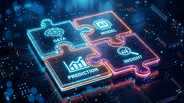 Digital puzzle pieces representing data, AI model, prediction, and insight integrated with glowing circuit board for technology concept