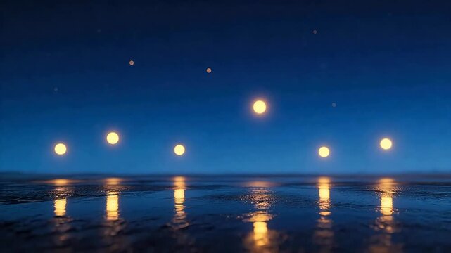Nighttime scene with glowing orbs and reflections
