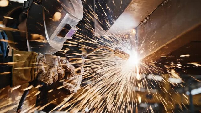 A professional welder meticulously joins metal components in a factory, generating a spectacular shower of sparks.