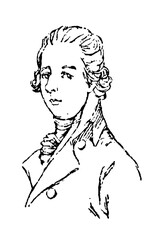 William Pitt the Younger, British prime minister, 1759–1806 in historical attire, with styled wig and high-collared coat, old vintage illustration, 1897. © Timofeeff