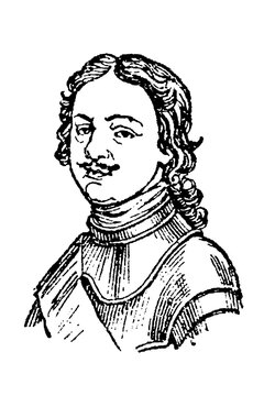 Tsar Peter the Great of Russia, depicted with curled hair, a mustache, and wearing ornate armor, old vintage illustration, 1897.