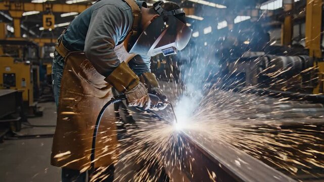 A professional welder meticulously joins metal components, creating a shower of brilliant sparks in a busy factory.