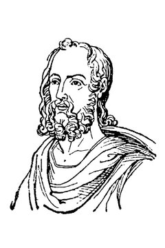 Pliny the Elder, 23 &ndash; 79 CE, bearded man with curly hair wearing a draped garment, ancient classical style, old vintage illustration, 1897.