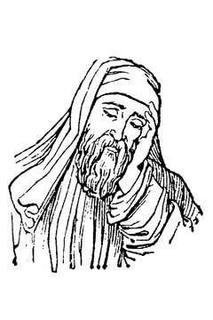 Plutarch, Greek philosopher and biographer, elderly bearded man in robe and headpiece resting head on hand, old vintage illustration, 1897.