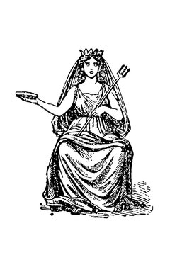 Proserpina (Persephone) seated, wearing crown, holding trident and offering bowl, draped in classical robes, old vintage illustration, 1897.