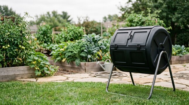 Compost tumbler in home vegetable garden for sustainable organic waste.