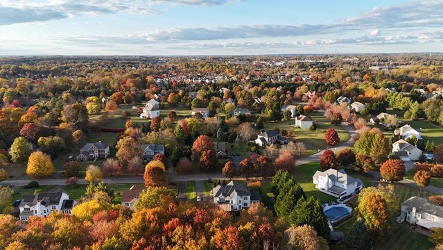 Aerial view of colorful autumn neighborhood in Garnet Valley, Pennsylvania suburb near Philadelphia