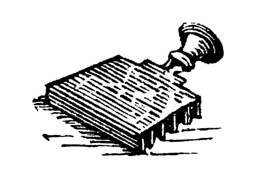 Metal scraper, carding tool) with textured surface and geometric line patterns, old vintage illustration, 1897.
