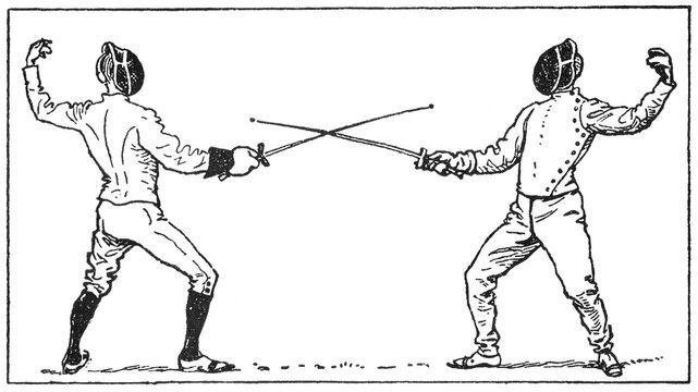 Two fencers face off in a stylized illustration, crossing swords with poised stances. They wear traditional fencing attire and masks, set against a plain background, old vintage illustration, 1897