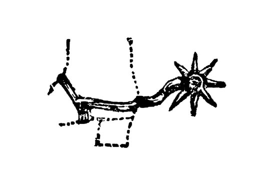 Ancient spur with spiked rowel wheel, simple functional design, old vintage illustration, 1897.