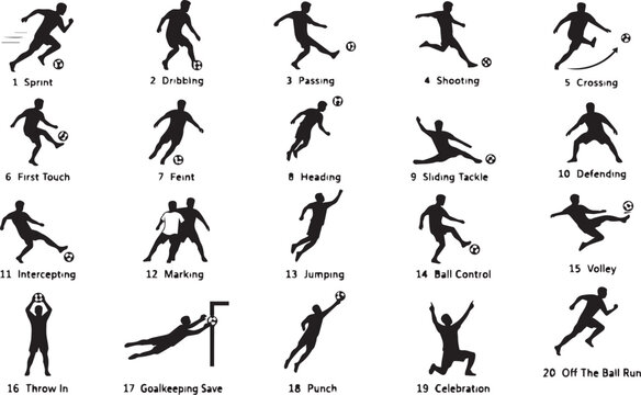 Collection of Soccer Player Silhouettes Illustrating 20 Essential Football Skills and Movements
