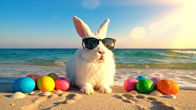 Easter bunny chilling on a beach with sunglasses surrounded by colorful eggs on a sunny day