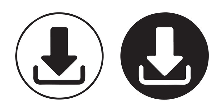 Black and white download button collection featuring thick arrow and base shape for web applications.