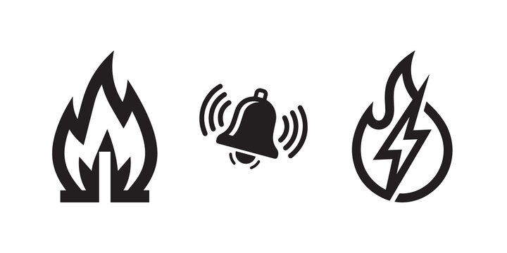Warning icons, alarm bell, fire and lightning symbols, black warning signs