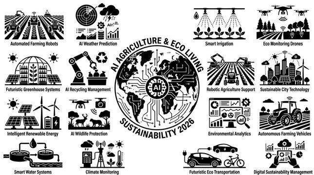 Sustainable Agriculture and Eco Farming Icon Set with Smart Green Energy, Renewable Technology and Environmental Innovation in Vector Style