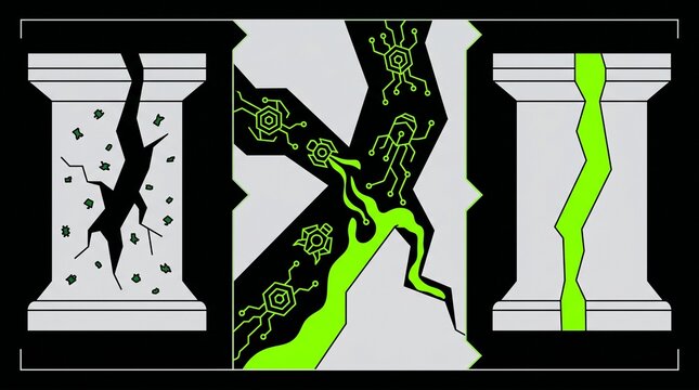 Abstract flat vector illustration of cracked pillars and neon green digital viruses representing cybersecurity threats and malware infection on black background