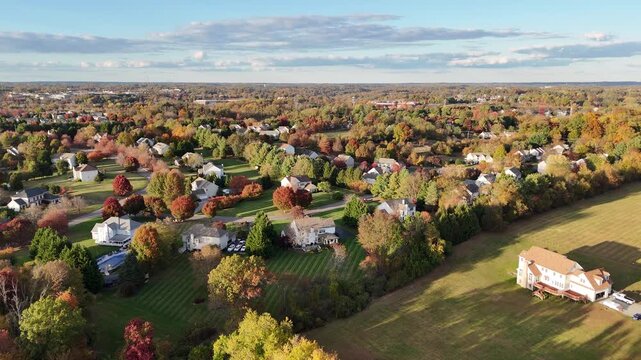 Aerial view of colorful autumn neighborhood in Garnet Valley, Pennsylvania suburb near Philadelphia