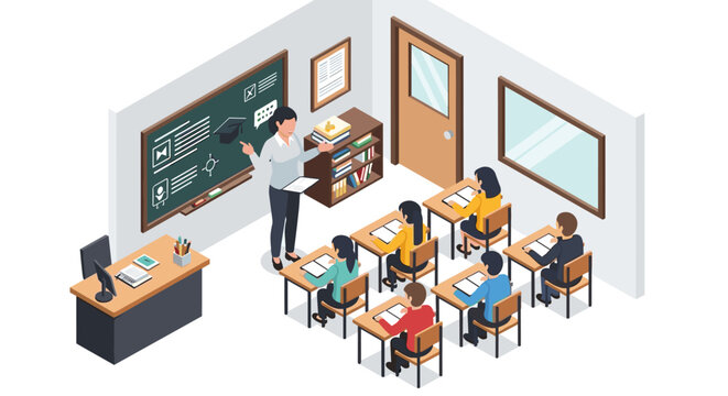 Classroom scene with teacher instructing students at desks.
