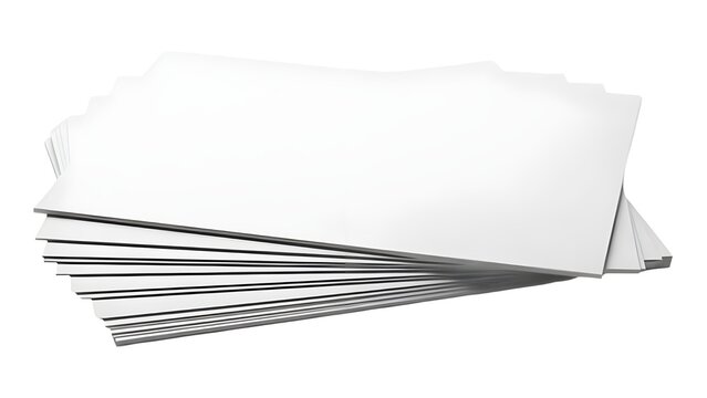 A fanned-out stack of blank white business cards or rectangular cards, shown from a perspective angle.
