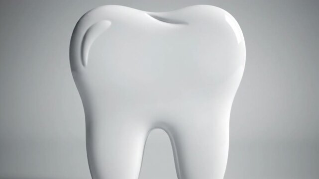 3D animation of a clean white tooth with light flares. Slow zoom in on a shiny healthy tooth model on a light background. Dental care and oral hygiene concept