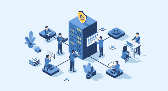 Isometric illustration of cybersecurity team managing data server security.