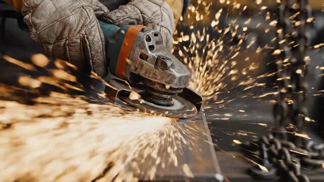 A skilled metalworker operates an angle grinder, creating a shower of golden sparks during the cutting process.
