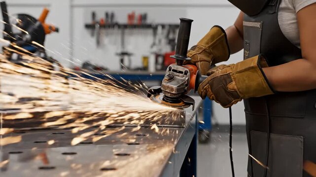 A skilled metalworker uses an angle grinder on metal, creating a vibrant shower of sparks in a workshop.