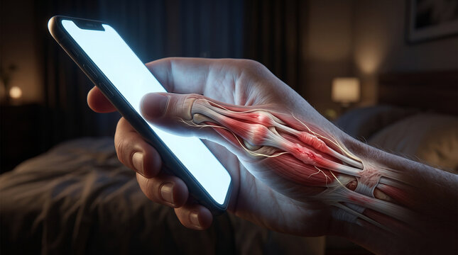 Digital era's intimate grip reveals hidden anatomy, showcasing strain on muscles and tendons from prolonged smartphone use in a dark bedroom
