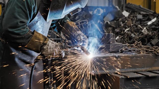 A skilled welder in protective gear performs arc welding on metal, generating bright sparks and blue light.