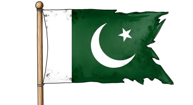 Tattered pakistan flag on a wooden pole