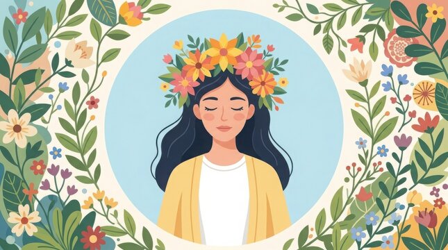 World mental health day peaceful woman with flowers prioritizing wellbeing and self care