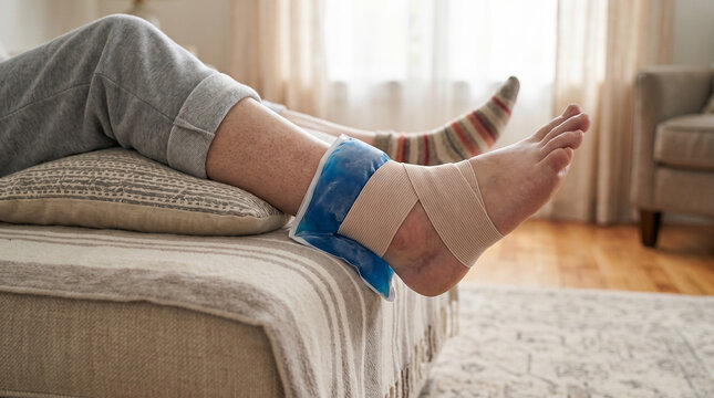Comforting a tender ankle with a chilling ice pack and supportive wrap while relaxing peacefully indoors
