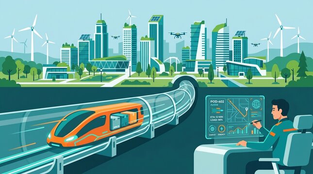 Flat vector illustration of an operator monitoring a futuristic hyperloop train in a vacuum tube representing smart logistics and eco friendly urban transit