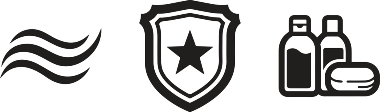 Black icons, shield star, wavy lines, cosmetic bottles, vector graphics