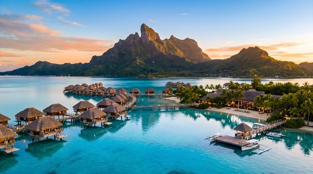 Polynesian Paradise: Luxury Overwater Villas Nestled Below the Majestic Peaks of Mount Otemanu in Bora Bora