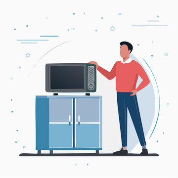 Man Standing Next to Vintage Television on Cabinet