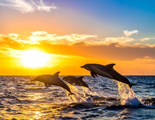 Two dolphins leaping out of the sea against a golden sunset with dramatic clouds and shimmering reflections on the ocean surface during a peaceful evening time © cncl12