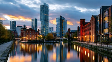 Fototapeta premium Manchester's Industrial Evolution: A Balanced Cinematic View of Castlefield Canal, Blending Historic Red-Brick Warehouses with Sleek Modern Glass Skyscrapers at Twilight