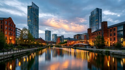 Obraz premium Manchester's Industrial Evolution: A Balanced Cinematic View of Castlefield Canal, Blending Historic Red-Brick Warehouses with Sleek Modern Glass Skyscrapers at Twilight