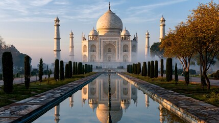Naklejka premium Symmetry and Splendor: The Taj Mahal Reflected in the Serene Garden Pools at Morning Light