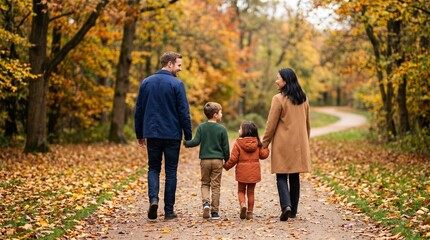 Obraz premium Diverse family walking on path in autumn forest during weekend getaway