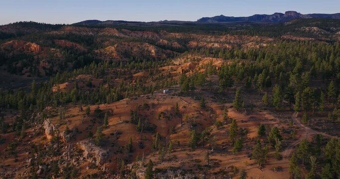 Aerial panorama of pine forest valleys and sandstone ridges in Dixie National Forest Utah landscape, drone orbit